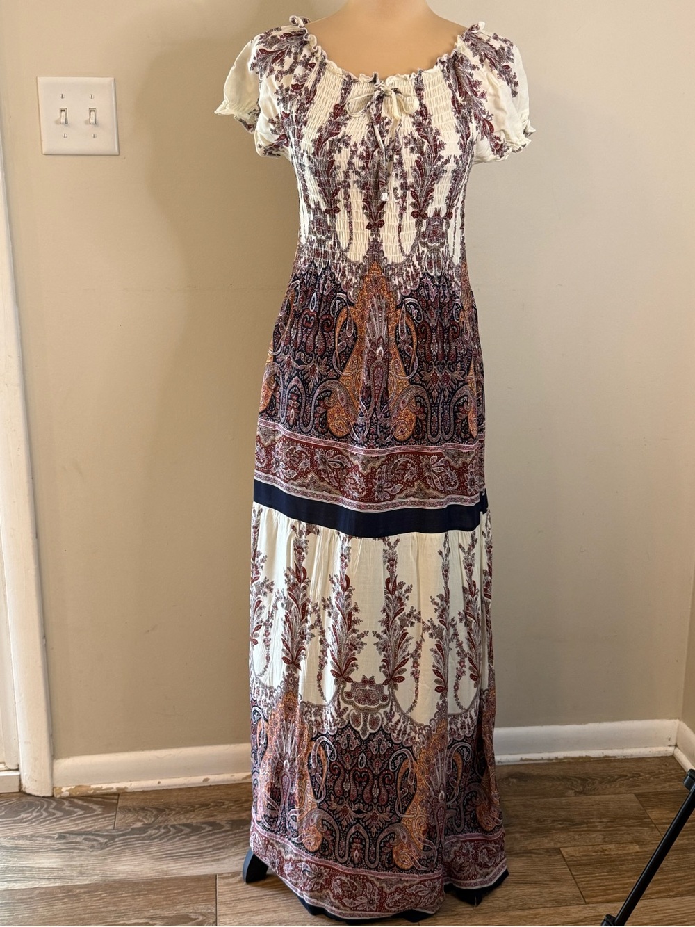 Paisley floral boho maxi dress short sleeves festival hippie SZ XS/S